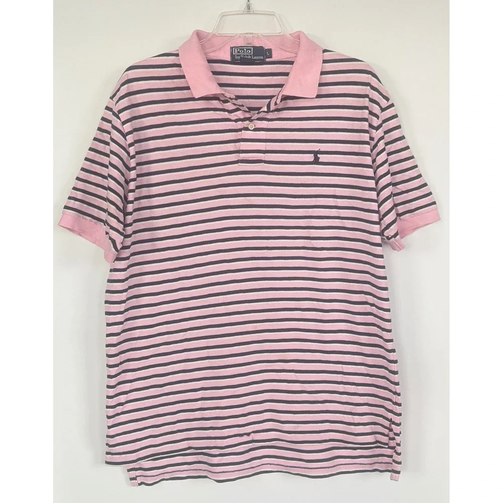 Polo Ralph Lauren Men L Pink Navy Blue Striped Short Sleeve Polo Shirt Cotton